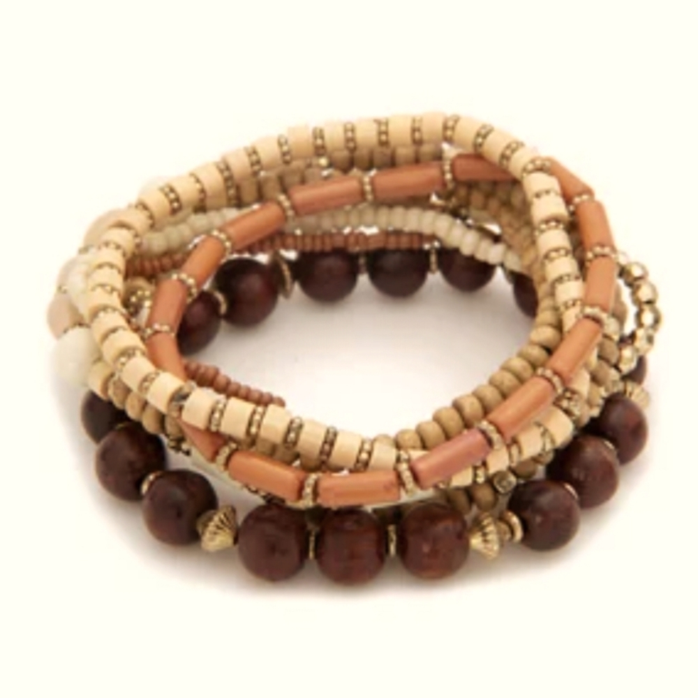 NWT- Set/8 Stretch Bracelets W/Seed & Wooden Beads
